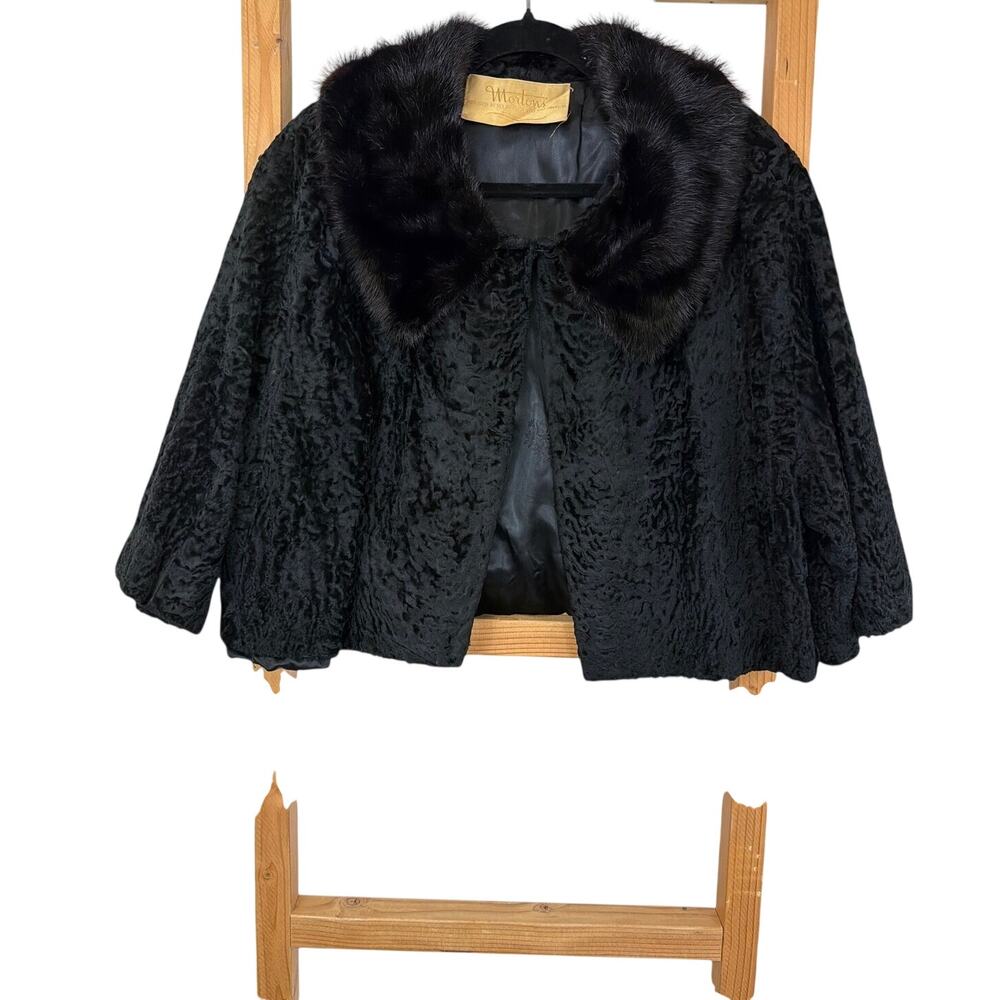 Vintage Mortons Black Crushed Velvet Fur Collar Short Coat Jacket M L